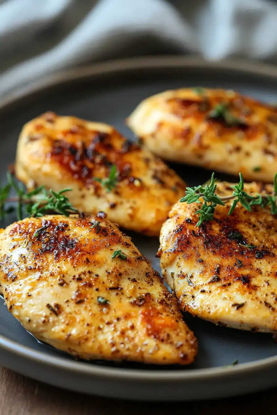 Close-up of golden brown chicken breast tenders on a clean white plate