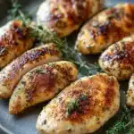 Close-up of chicken breast tenders with creamy sauce on a clean plate.