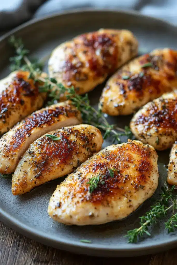 Close-up of chicken breast tenders with creamy sauce on a clean plate.