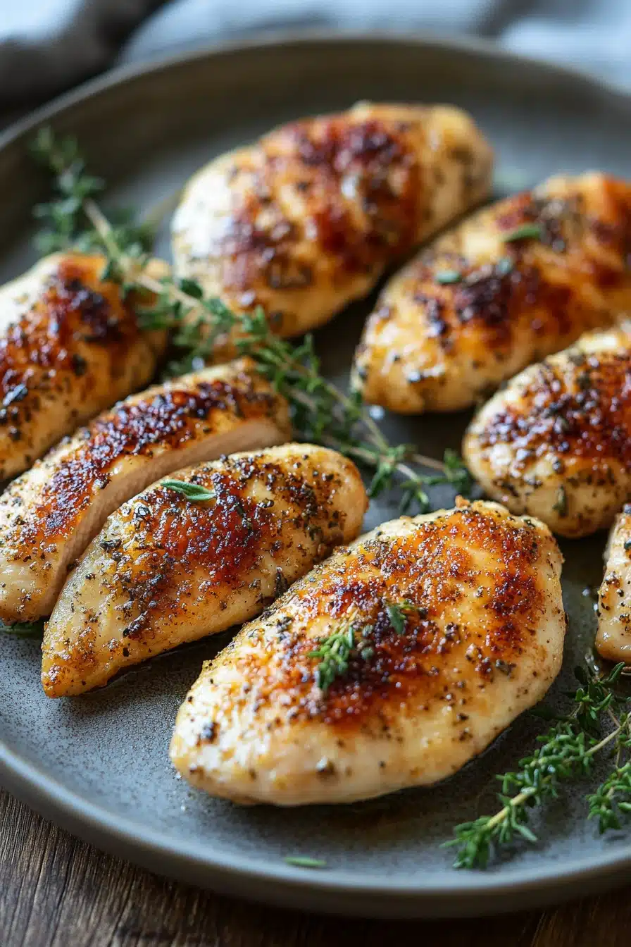 Close-up of chicken breast tenders with creamy sauce on a clean plate.