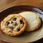 Close-up of freshly baked chocolate chip and sugar cookies on a white background.