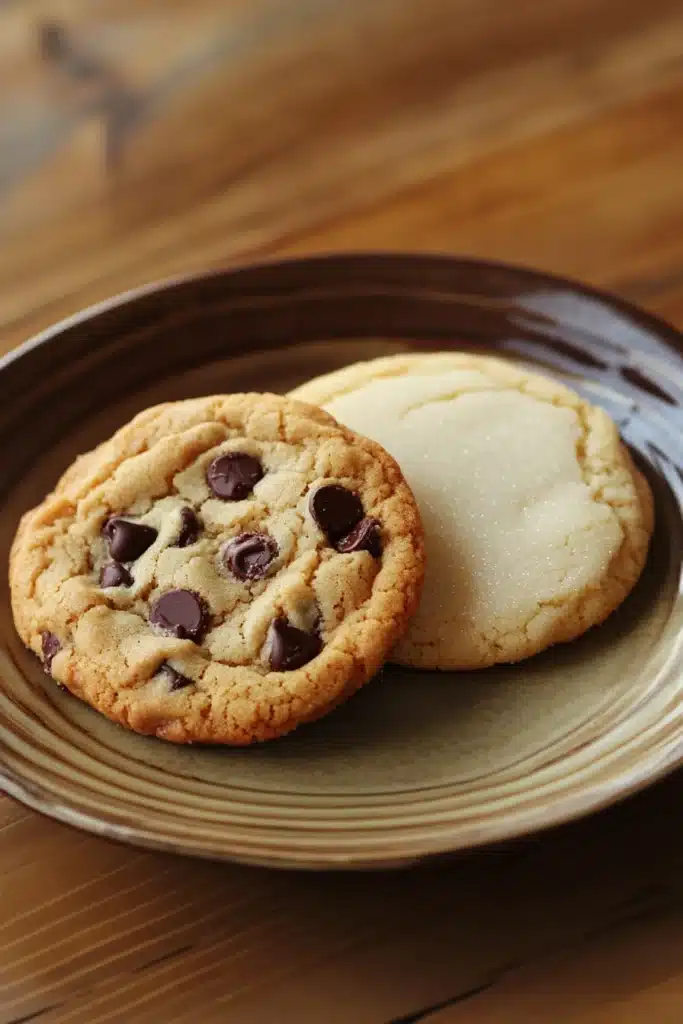 Close-up of freshly baked chocolate chip and sugar cookies on a white background.