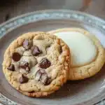 Close-up of freshly baked chocolate chip cookies and sugar cookies on a wooden board.