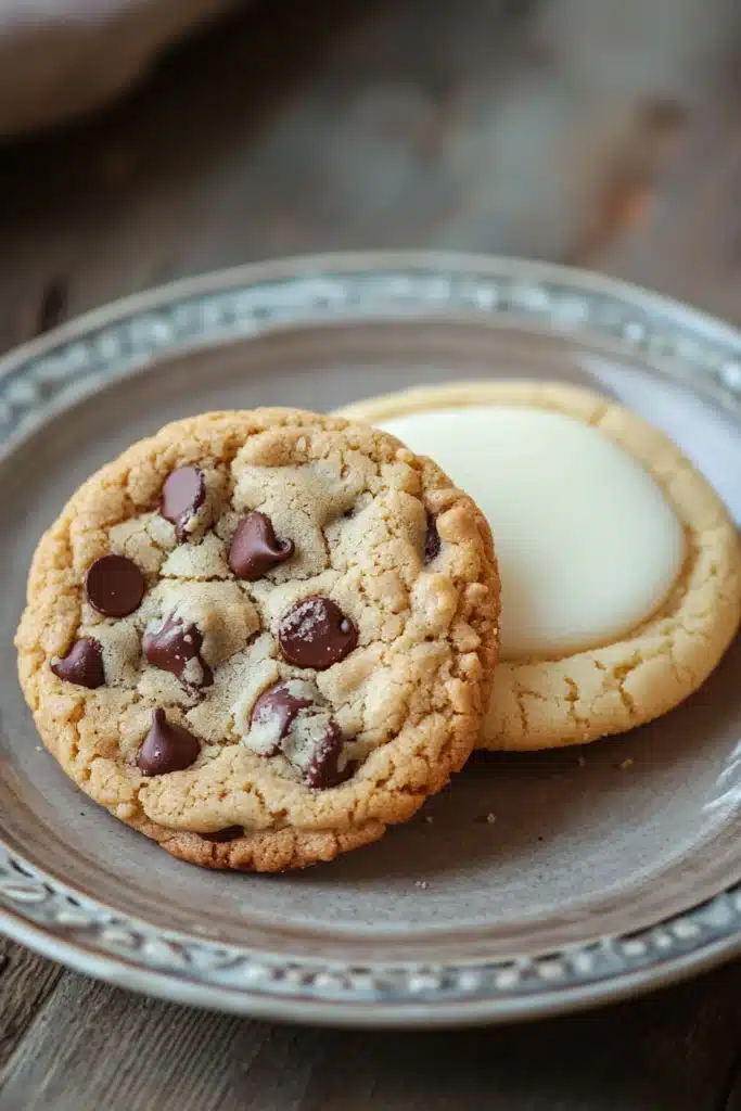 Close-up of freshly baked chocolate chip cookies and sugar cookies on a wooden board.