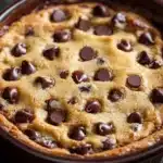 Close-up of a chocolate chip cookie casserole with golden brown edges and melted chocolate chips.