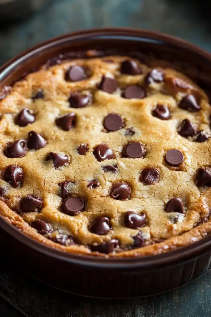 Close-up of a chocolate chip cookie casserole with golden brown edges and melted chocolate chips.