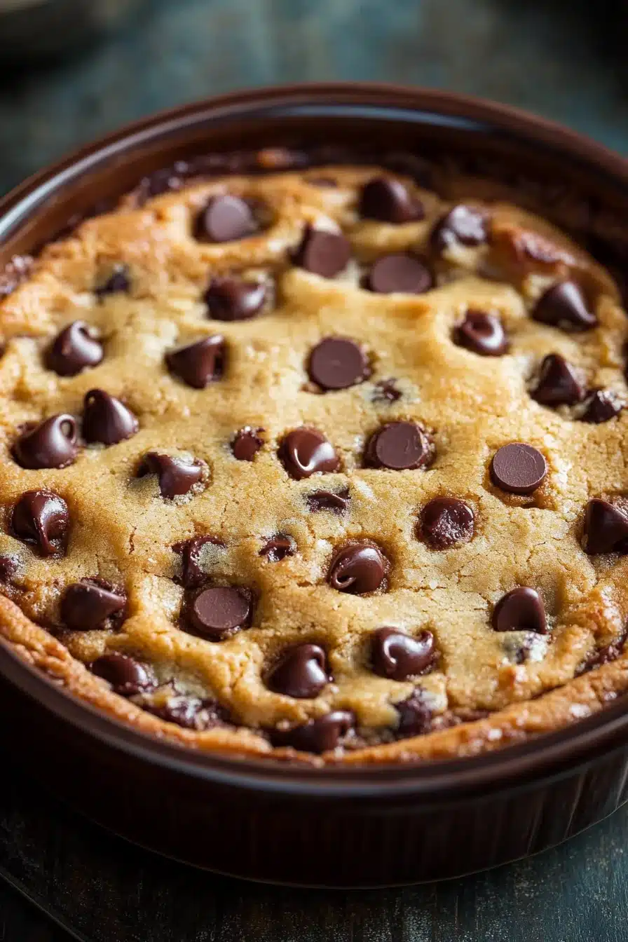 Close-up of a chocolate chip cookie casserole with golden brown edges and melted chocolate chips.