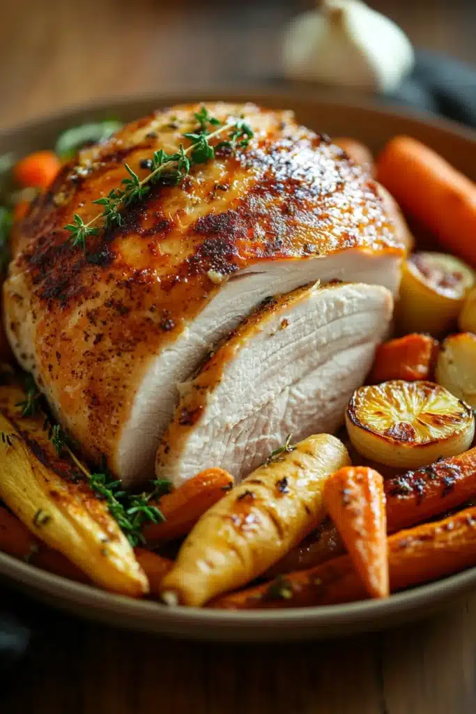 Close-up of juicy turkey breast slices on a white plate with herbs