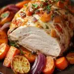 Close-up of juicy turkey breast with a golden-brown crust, served on a white plate.