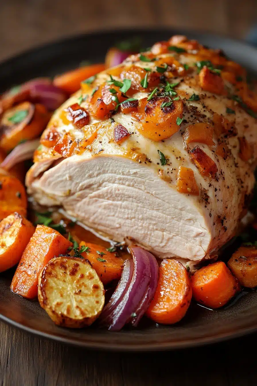 Close-up of juicy turkey breast with a golden-brown crust, served on a white plate.