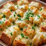 Close-up of garlic bread casserole with melted cheese and herbs in a baking dish.