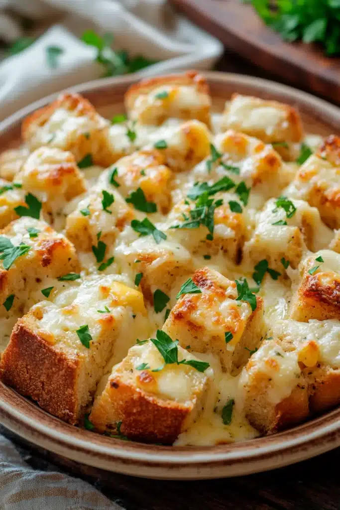 Close-up of garlic bread casserole with melted cheese and herbs in a baking dish.