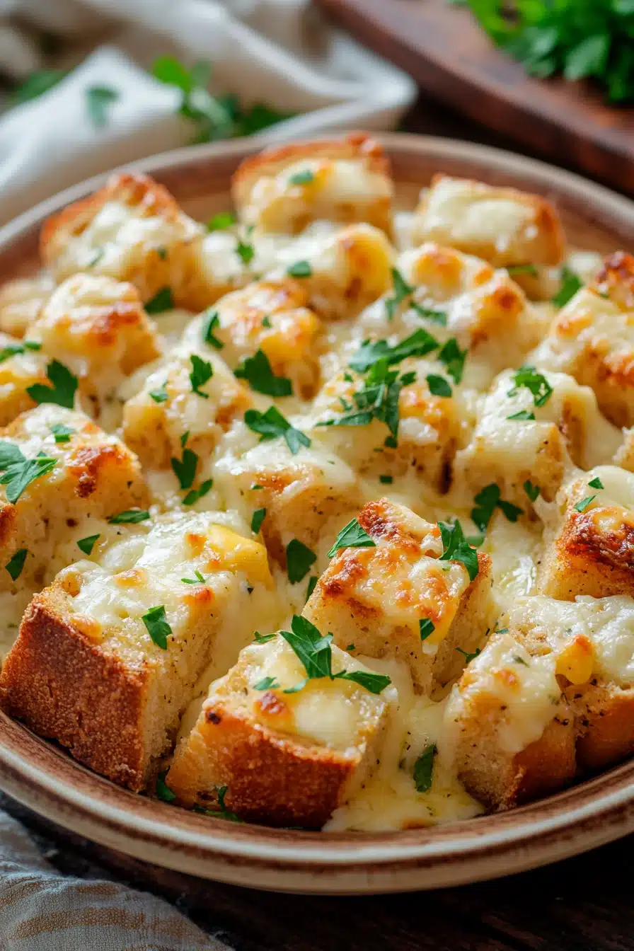 Close-up of garlic bread casserole with melted cheese and herbs in a baking dish.