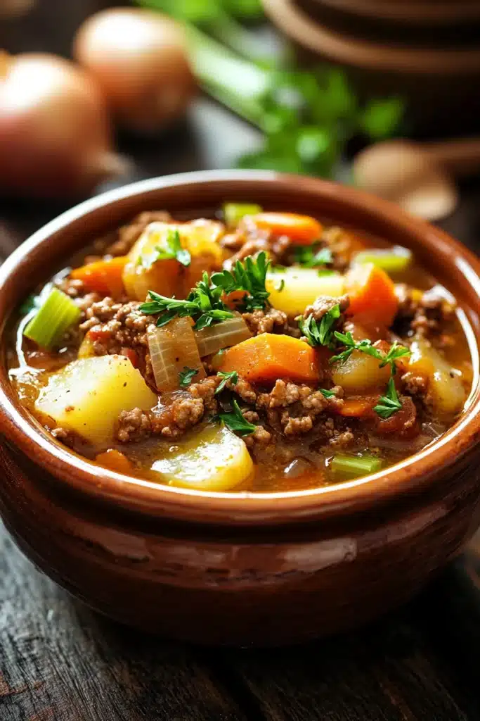 Close-up of a hearty ground beef crockpot dish with rich textures and warm lighting.