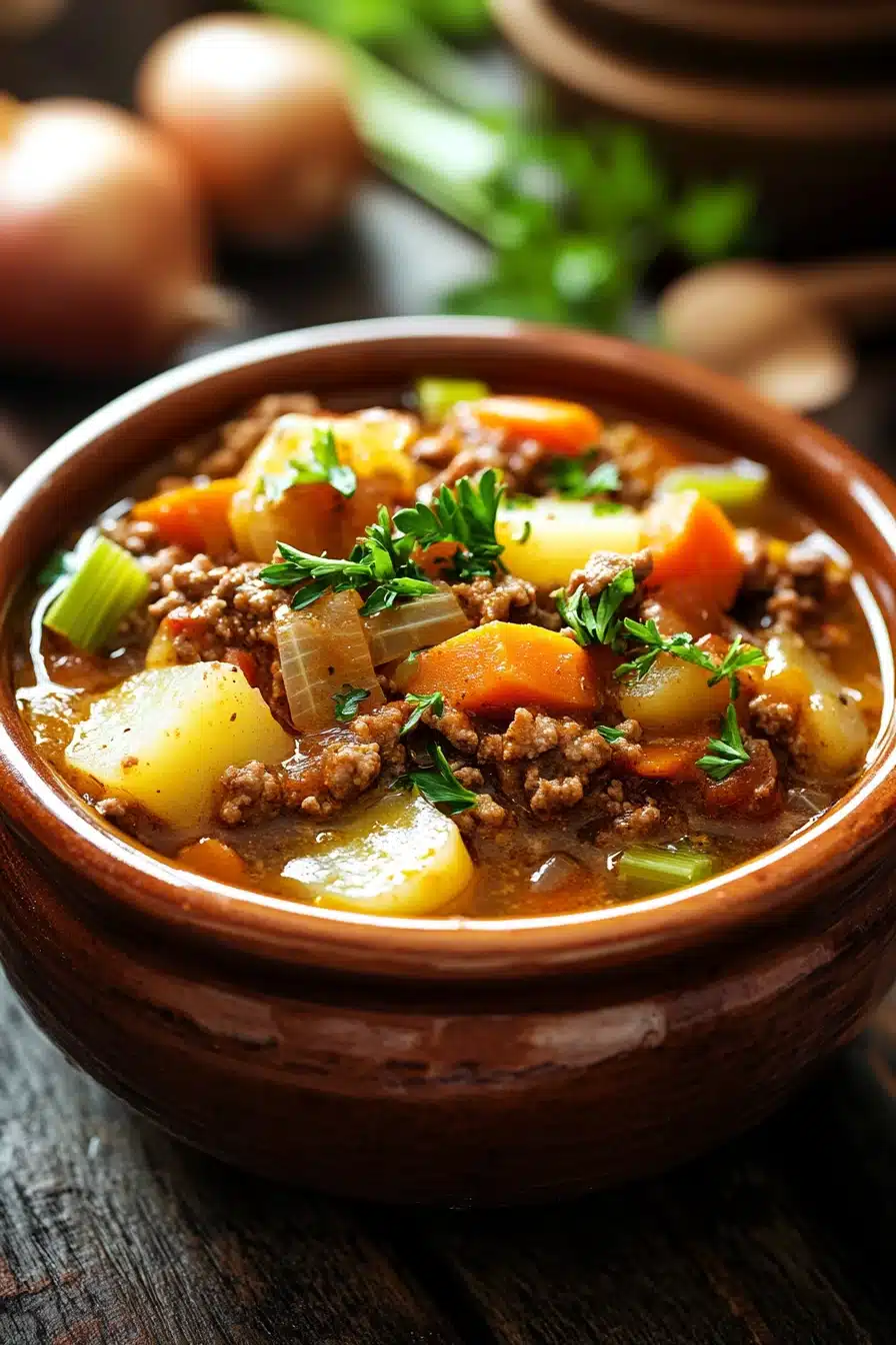 Close-up of a hearty ground beef crockpot dish with rich textures and warm lighting.