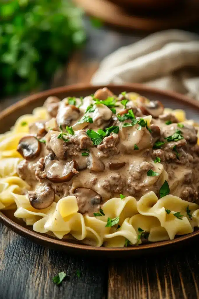 Close-up of creamy ground beef stroganoff with pasta in a white bowl.