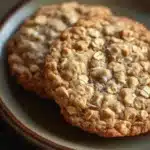 Close-up of freshly baked oatmeal cookies on a wooden surface with a clean background.