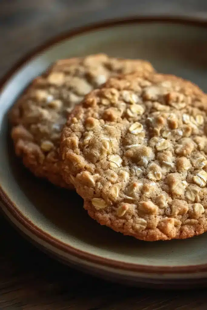 Close-up of freshly baked oatmeal cookies on a wooden surface with a clean background.