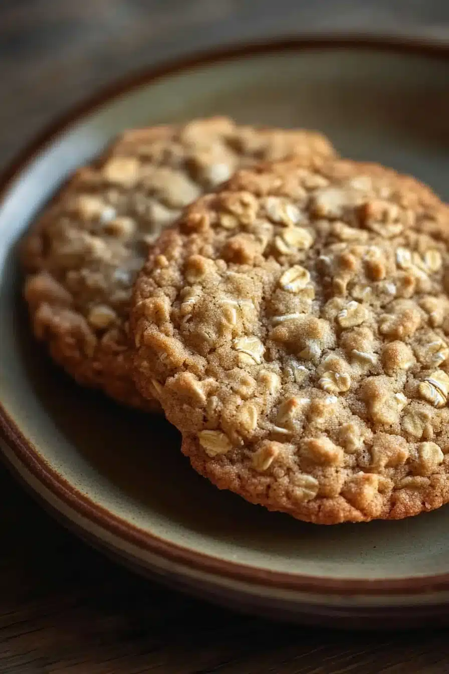 Close-up of freshly baked oatmeal cookies on a wooden surface with a clean background.