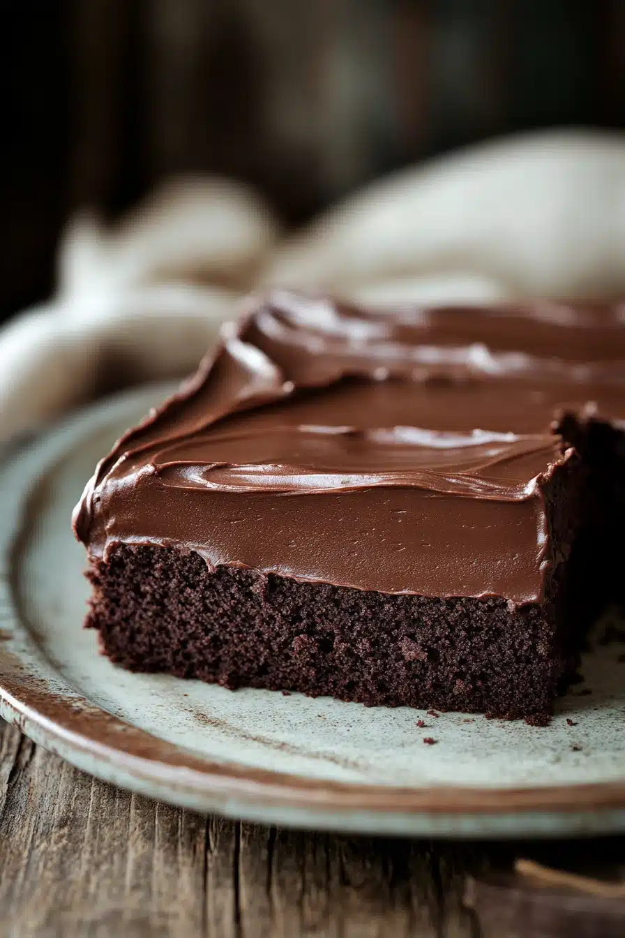 Close-up of a delicious sheet cake with creamy frosting and sprinkles.