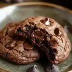 Close-up of double chocolate cookies with a chewy texture on a clean background