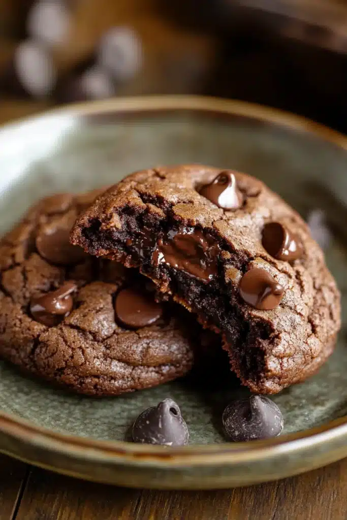 Close-up of double chocolate cookies with a chewy texture on a clean background