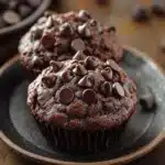 Close-up of double chocolate protein muffin tops by Joy Bauer, showcasing rich chocolate texture.
