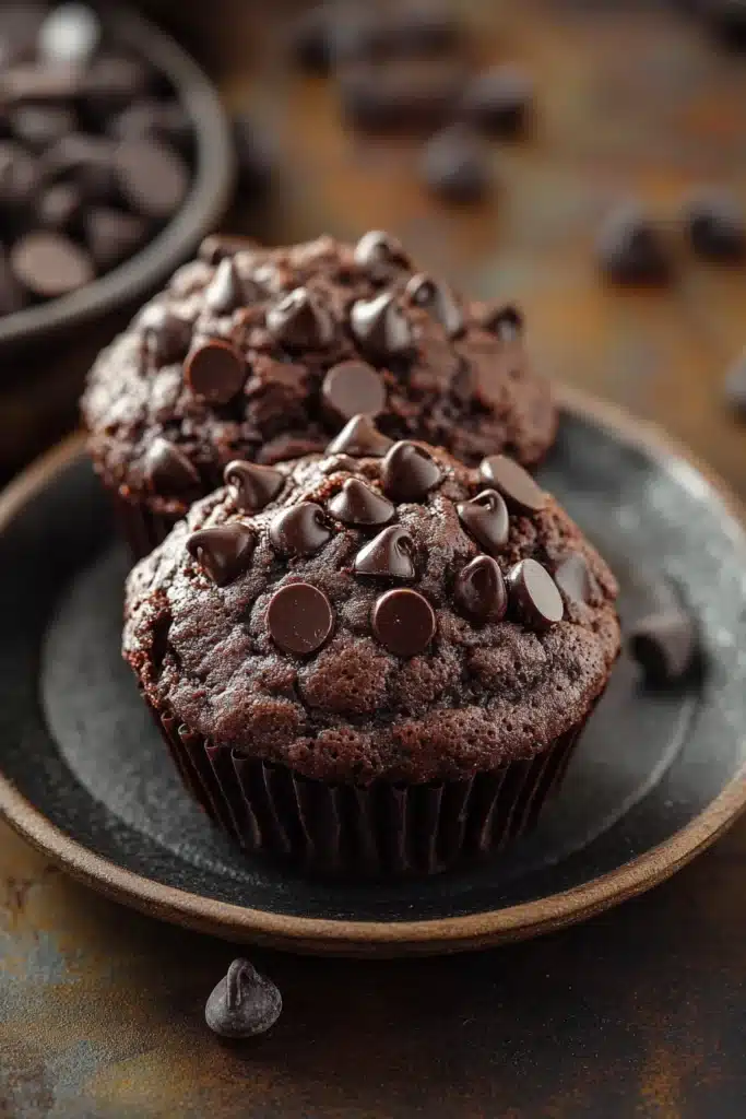 Close-up of double chocolate protein muffin tops by Joy Bauer, showcasing rich chocolate texture.
