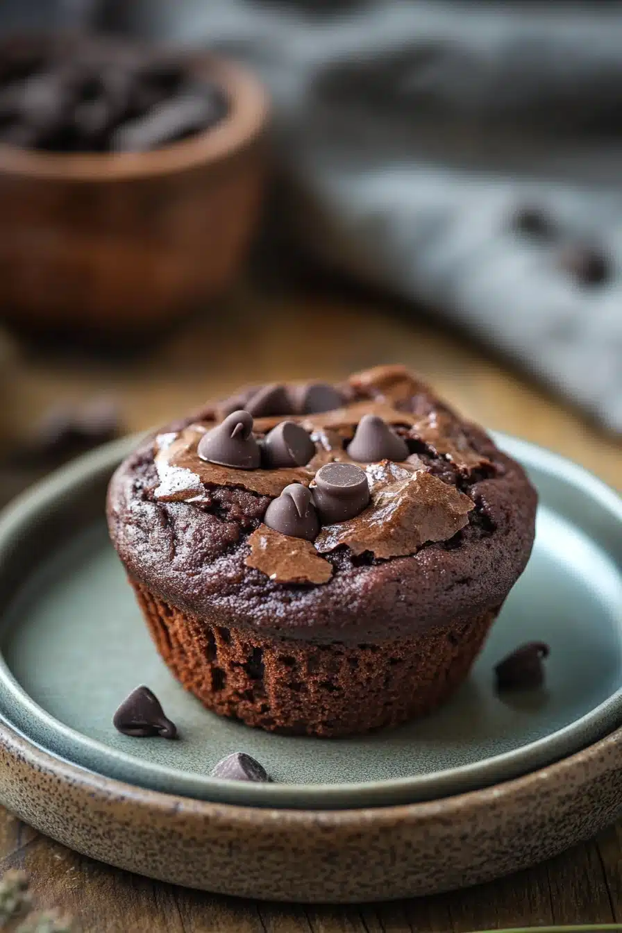 Close-up of double chocolate protein muffin tops by Joy Bauer with a rich, appetizing texture.