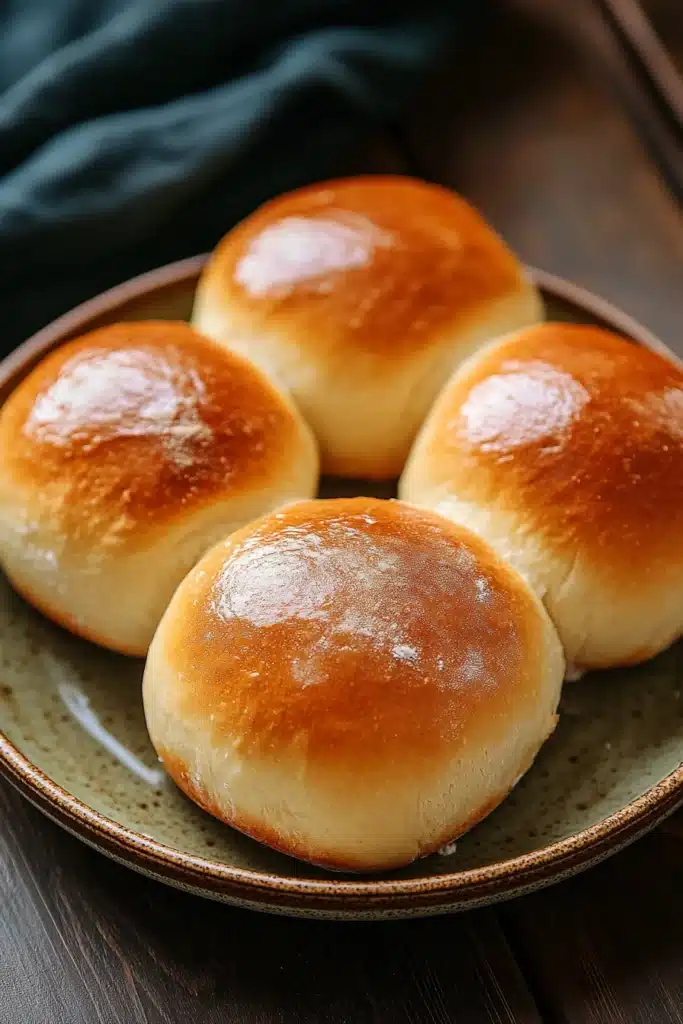 Close-up of freshly baked bread rolls with a golden crust on a minimal background.
