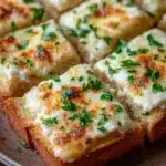 Close-up of a golden garlic bread casserole with crispy edges and melted cheese.