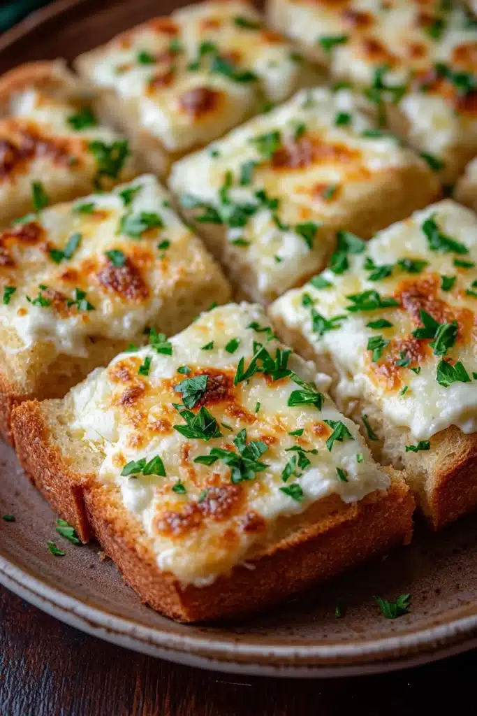 Close-up of a golden garlic bread casserole with crispy edges and melted cheese.