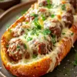 Close-up of garlic bread meatballs with golden crust and herbs