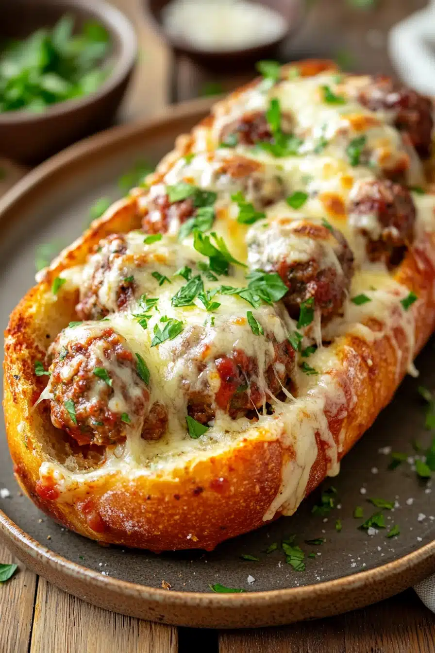 Close-up of garlic bread meatballs with golden crust and herbs