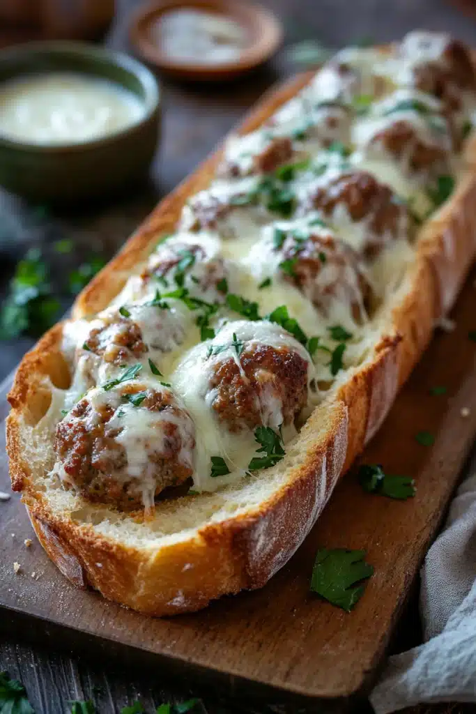 Close-up of garlic bread meatballs with a golden crust and herbs