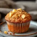 Close-up of gluten free apple muffin with warm lighting and minimal background.