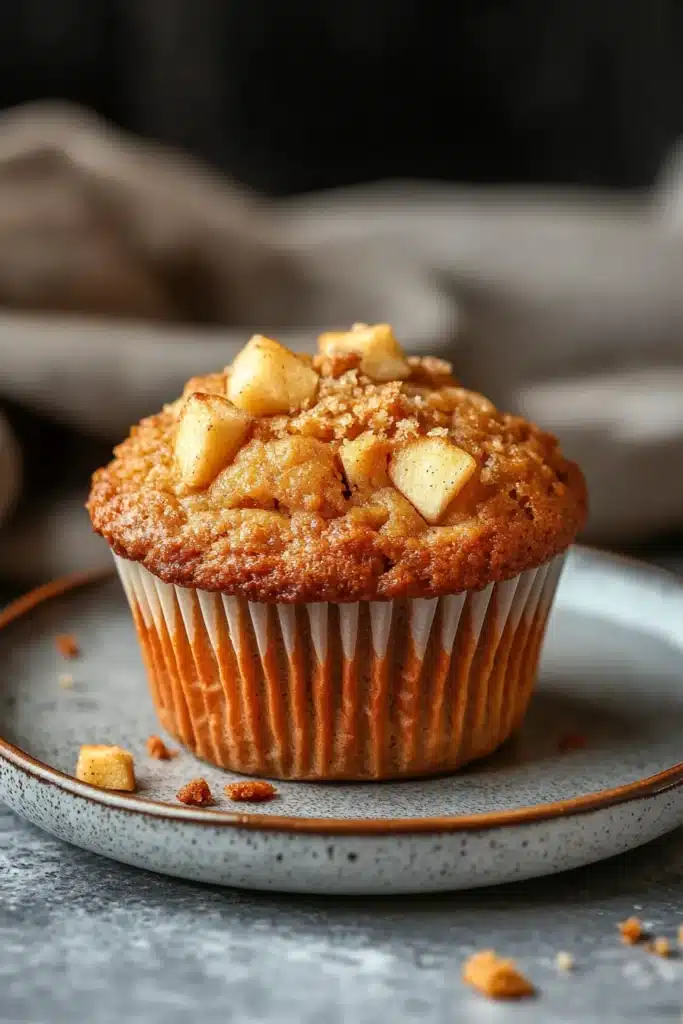 Close-up of gluten free apple muffin with warm lighting and minimal background.