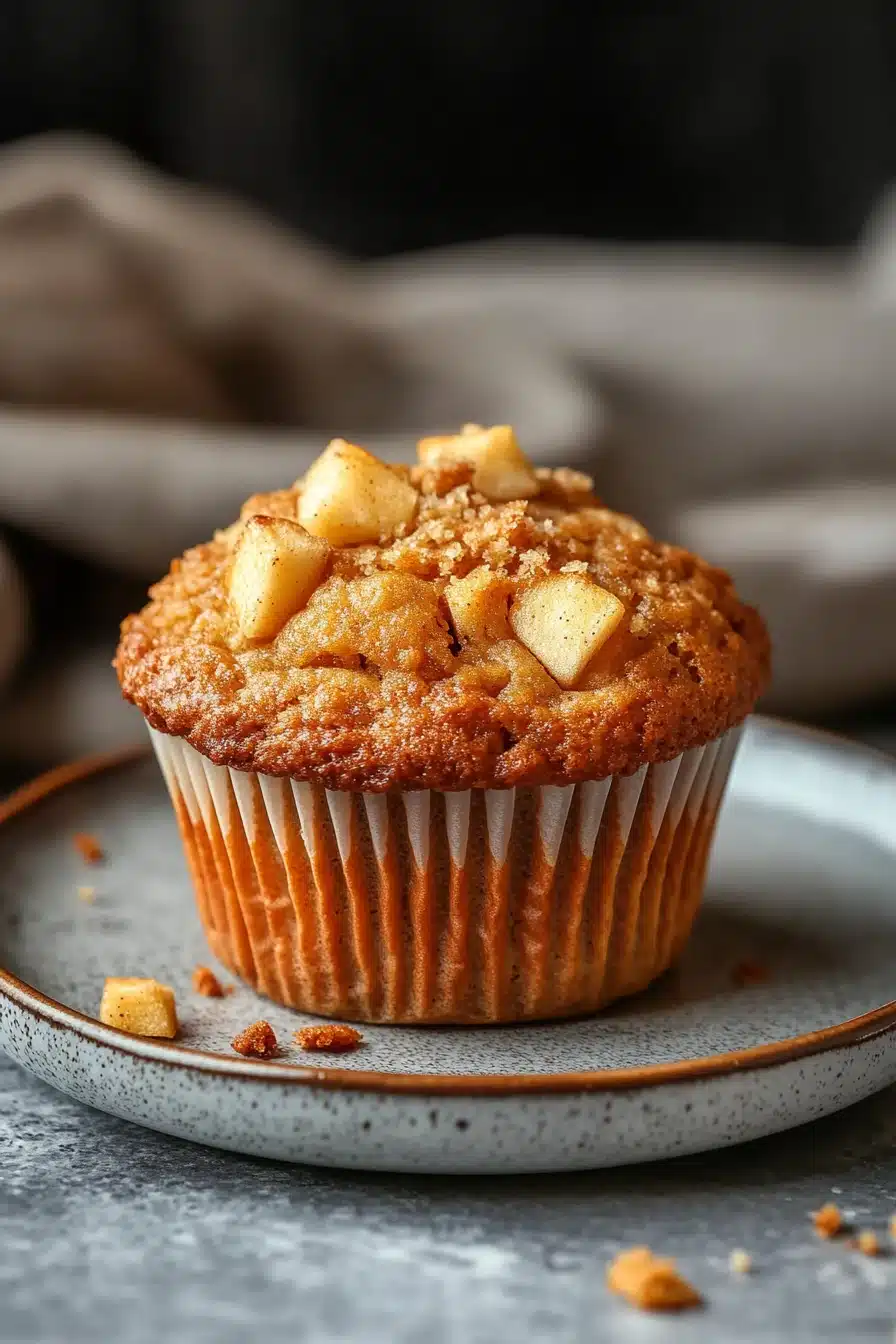 Close-up of gluten free apple muffin with warm lighting and minimal background.