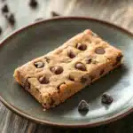 Close-up of a gluten free bar cookie with a golden crust on a clean background.