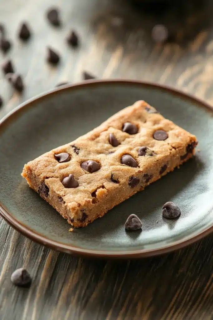Close-up of a gluten free bar cookie with a golden crust on a clean background.