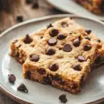 Close-up of a gluten-free cookie bar with chocolate chips and a golden crust.