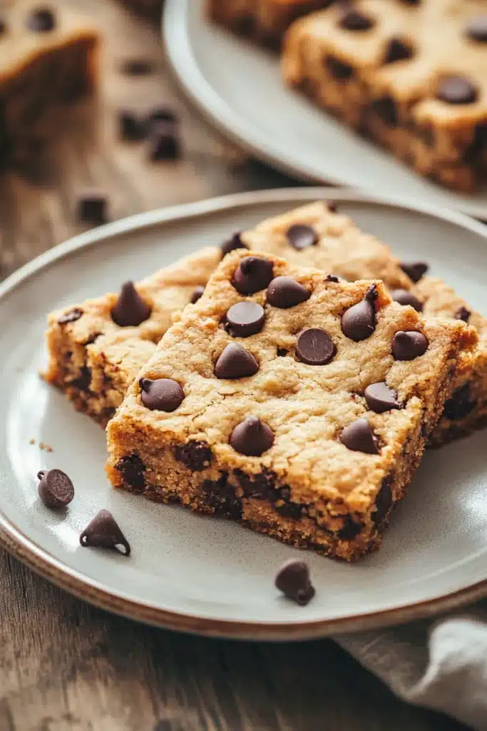 Close-up of a gluten-free cookie bar with chocolate chips and a golden crust.