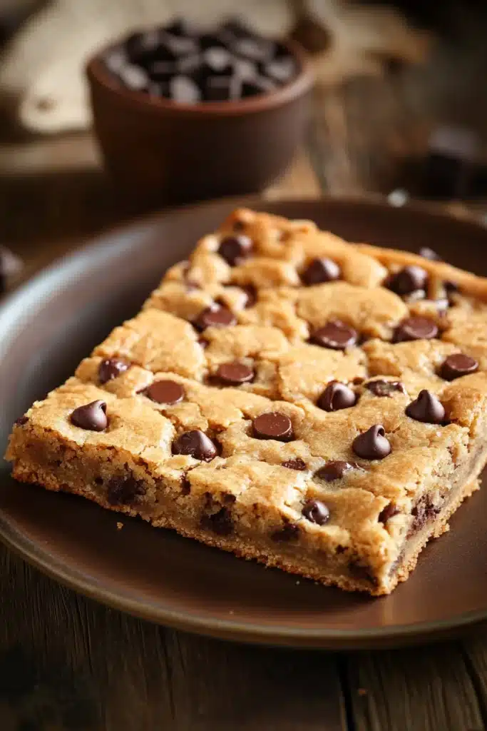 Close-up of gluten-free cookie bars with a golden crust and chocolate chips.