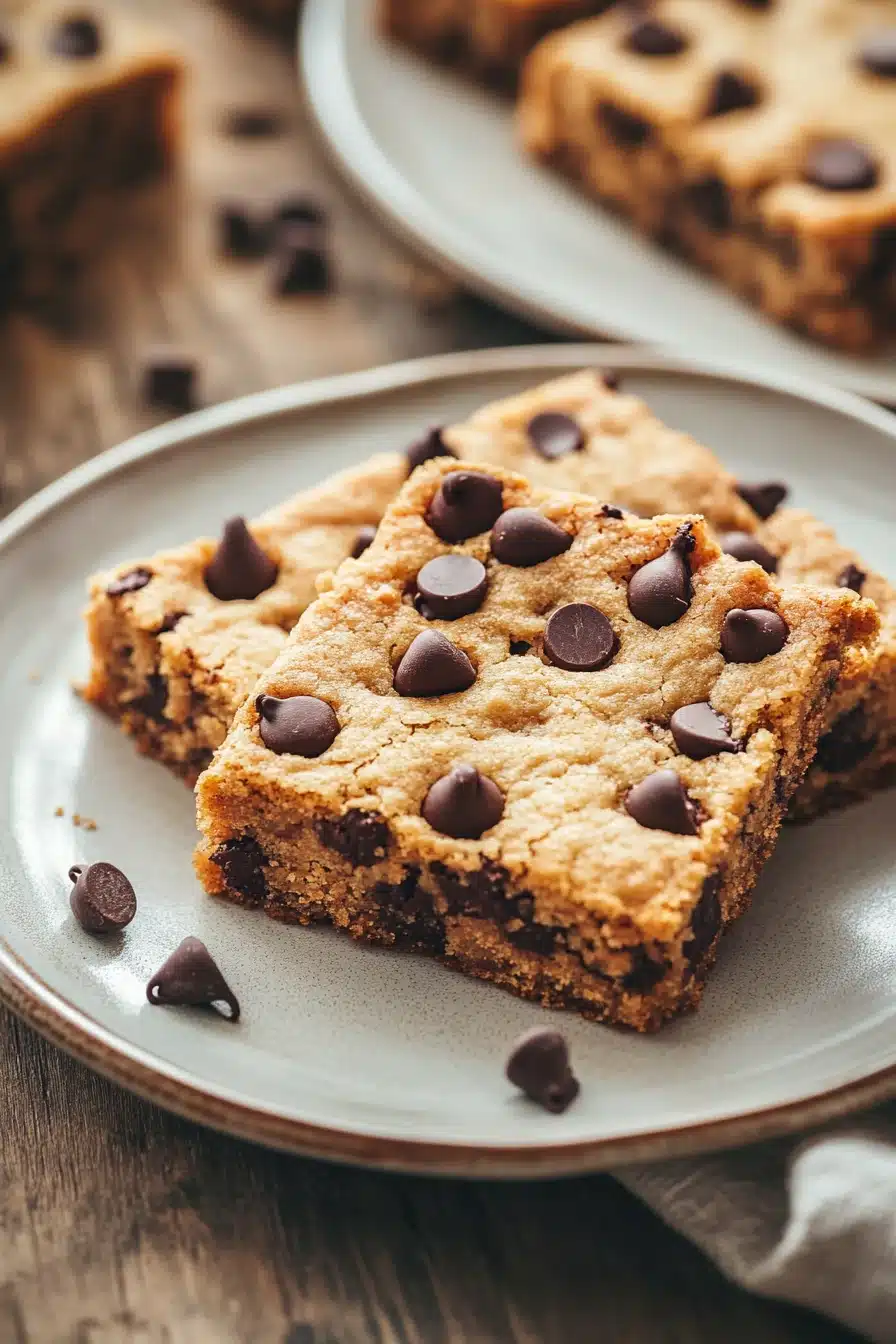 Close-up of a gluten-free cookie bar with chocolate chips and a golden crust.