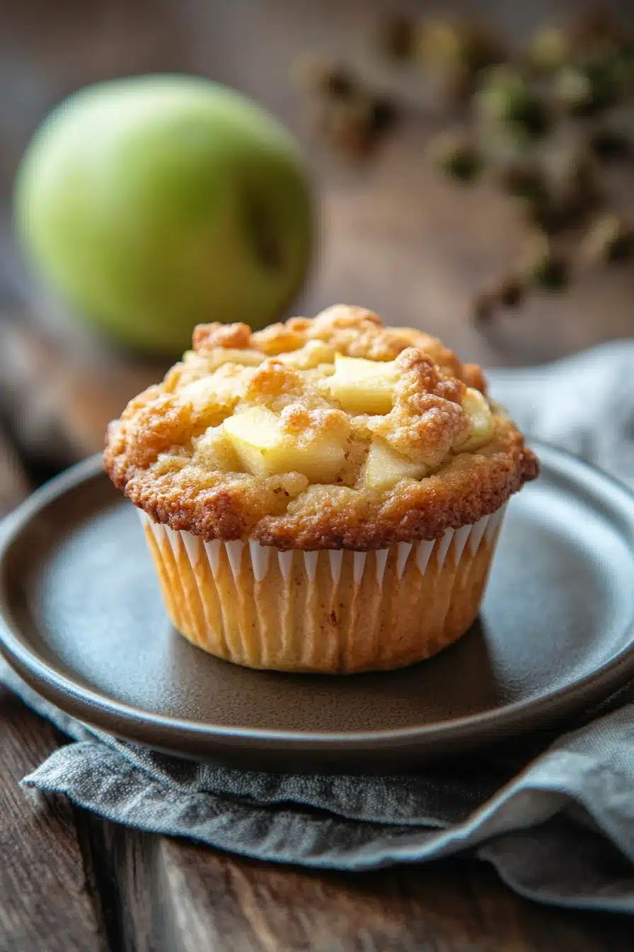 Close-up of a freshly baked granny smith apple muffin with a golden crust.