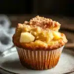 Close-up of a granny smith apple muffin with a golden-brown top and visible apple chunks.