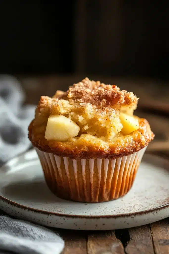Close-up of a granny smith apple muffin with a golden-brown top and visible apple chunks.