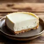 Close-up of a creamy greek yogurt cheesecake with a golden crust and minimal background.