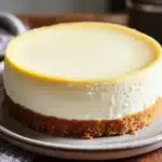 Close-up of a greek yogurt cheesecake with a smooth texture and a light, creamy appearance.