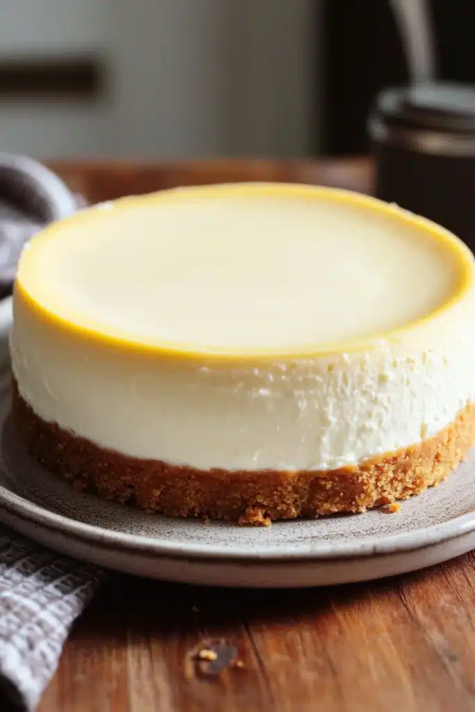 Close-up of a greek yogurt cheesecake with a smooth texture and a light, creamy appearance.